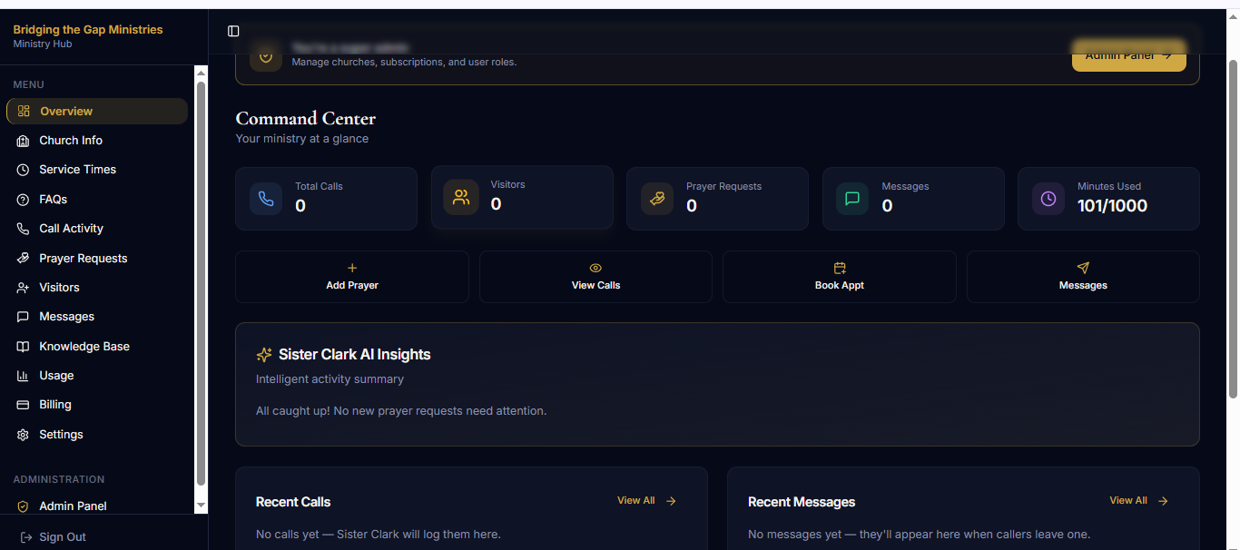 Sister Clark dashboard — Command Center overview